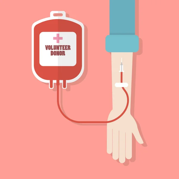 Donante de mano con bolsa de donación de sangre — Vector de stock