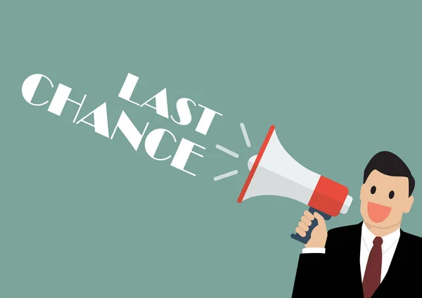 Homme d'affaires tenant un mégaphone avec le mot Last Chance — Image vectorielle