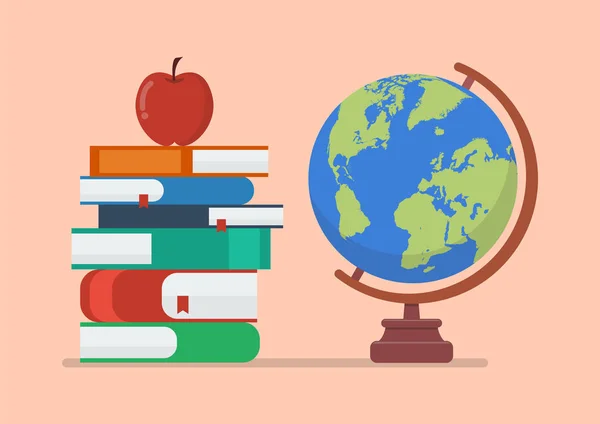 Földi globe modell könyvek és almával — Stock Vector