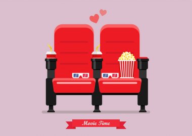 Patlamış mısır içecekler ve gözlük ile iki sinema koltuğu
