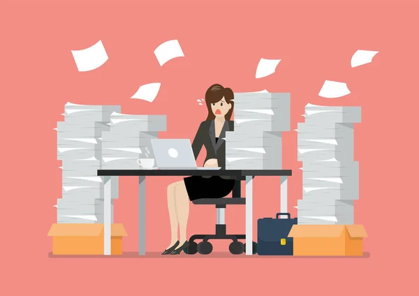 Busy overworked woman sitting at table with laptop and pile of p — Stock Vector