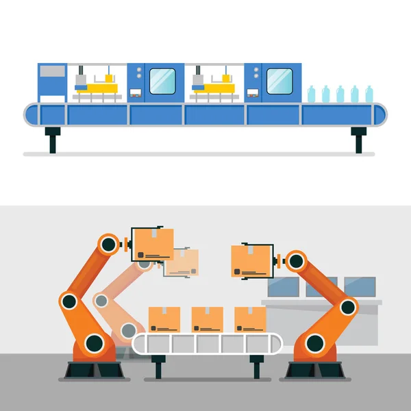 スマートファクトリー産業のオートメーションロボットアームとベルトマシン — ストックベクタ