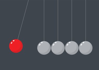 Red sphere hanging on threads hitting another pendulum group. Leadership power and uniqueness concept. Vector illustration clipart