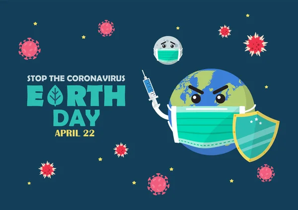 Earth Day Stop the Coronavirus Concept Banner. Planet earth wearing a protection medical mask and use vaccine to protect and fight surrounding Covid-19 Coronavirus, COVID-19