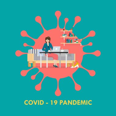 Evde çalışan kadın Coronavirus konsepti. 2019 Roman Coronavirus (2019-nCoV) konsepti.