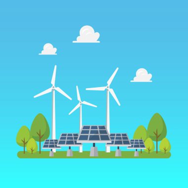 Yeşil enerji yel değirmenleri ve güneş panelleri. Düz biçim Vektör illüstrasyonu.