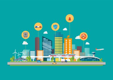 Altyapı Taşımacılık ve güvenlik simgeleriyle CCityscape. Vektör illüstrasyonu