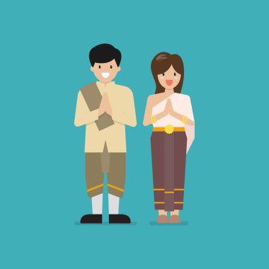 Taylandlı erkek ve kadın tipik Tayland elbisesi giyiyor. Vektör illüstrasyonu