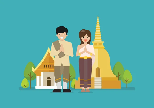 タイの男性と女性は寺院を背景にした典型的なタイのドレスを着ています ベクターイラスト — ストックベクタ