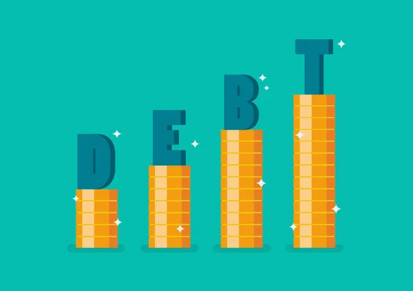 Palavra Debt Passo Empilhar Moedas Como Gráfico Para Cima Ilustração —  Vetores de Stock