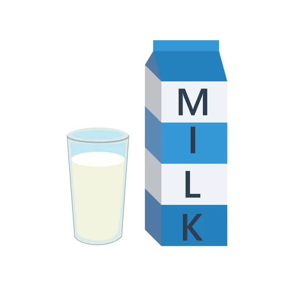 Gesloten melk vak blauwe horizontale tekst en glas — Stockvector