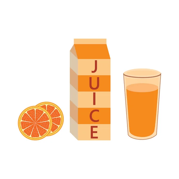 Scatola di succo con vetro e arance testo orizzontale — Vettoriale Stock