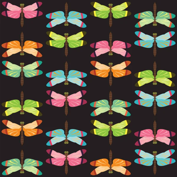 Dragonfly mönster olika färger svart bakgrund — Stock vektor