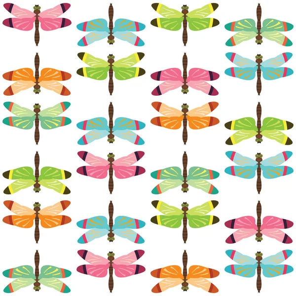 Dragonfly mönster olika färger vit bakgrund — Stock vektor