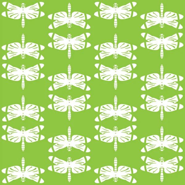 Patrón libélula fondo verde blanco — Vector de stock