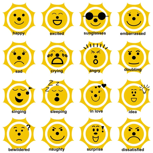 Sun Emoticon set with different facial expression text — Stock Vector
