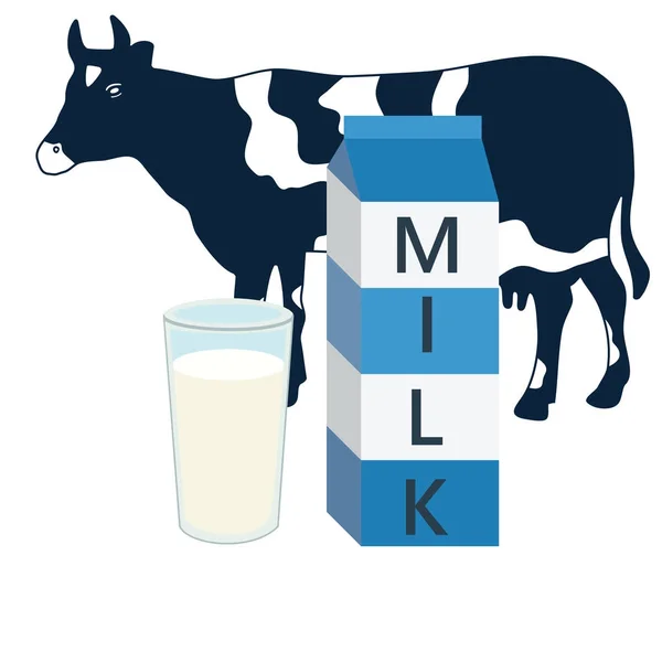 Kapalı süt kutusu mavi yatay metin ve cam inek — Stok Vektör