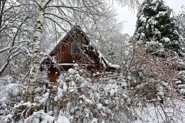 Vinter stuga i scen is — Stockfoto