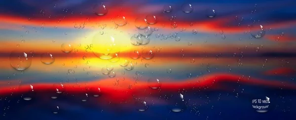 Wassertropfen auf Glas. Meer, Himmel. Wolken. Sonnenuntergang. Vektor — Stockvektor