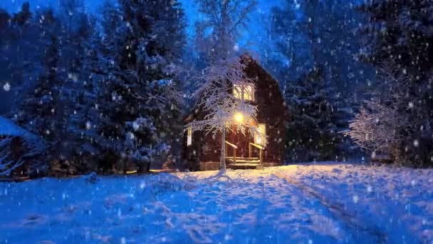 Дерев'яний будинок в зимовому лісовому снігу — стокове відео