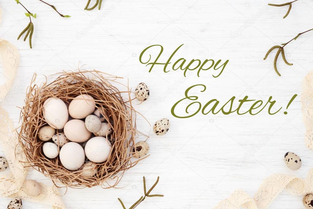 Happy Easter greeting card with Easter eggs in the nest