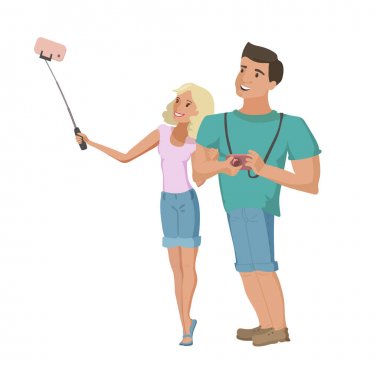 Genç çift gülümseyen yapım selfie