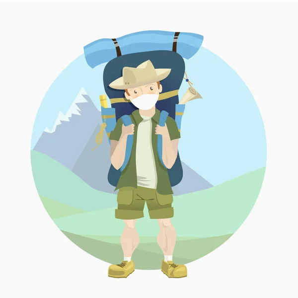 Tourist Hiker Medical Mask Big Backpack — Stock Vector