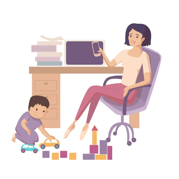 Woman Mother Works Home Using Smartphone Sitting Laptop Her Child — Stock Vector