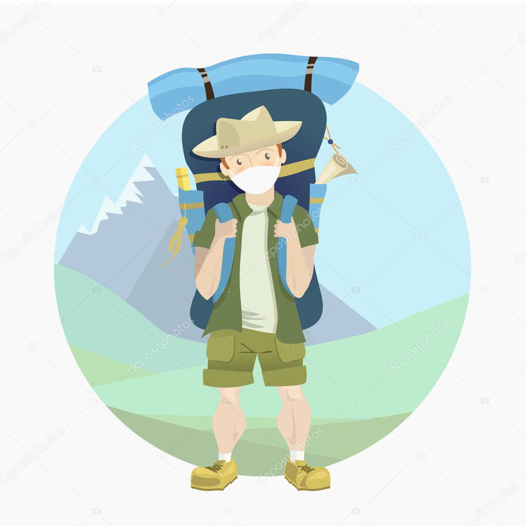 Tourist hiker in a medical mask with big backpack