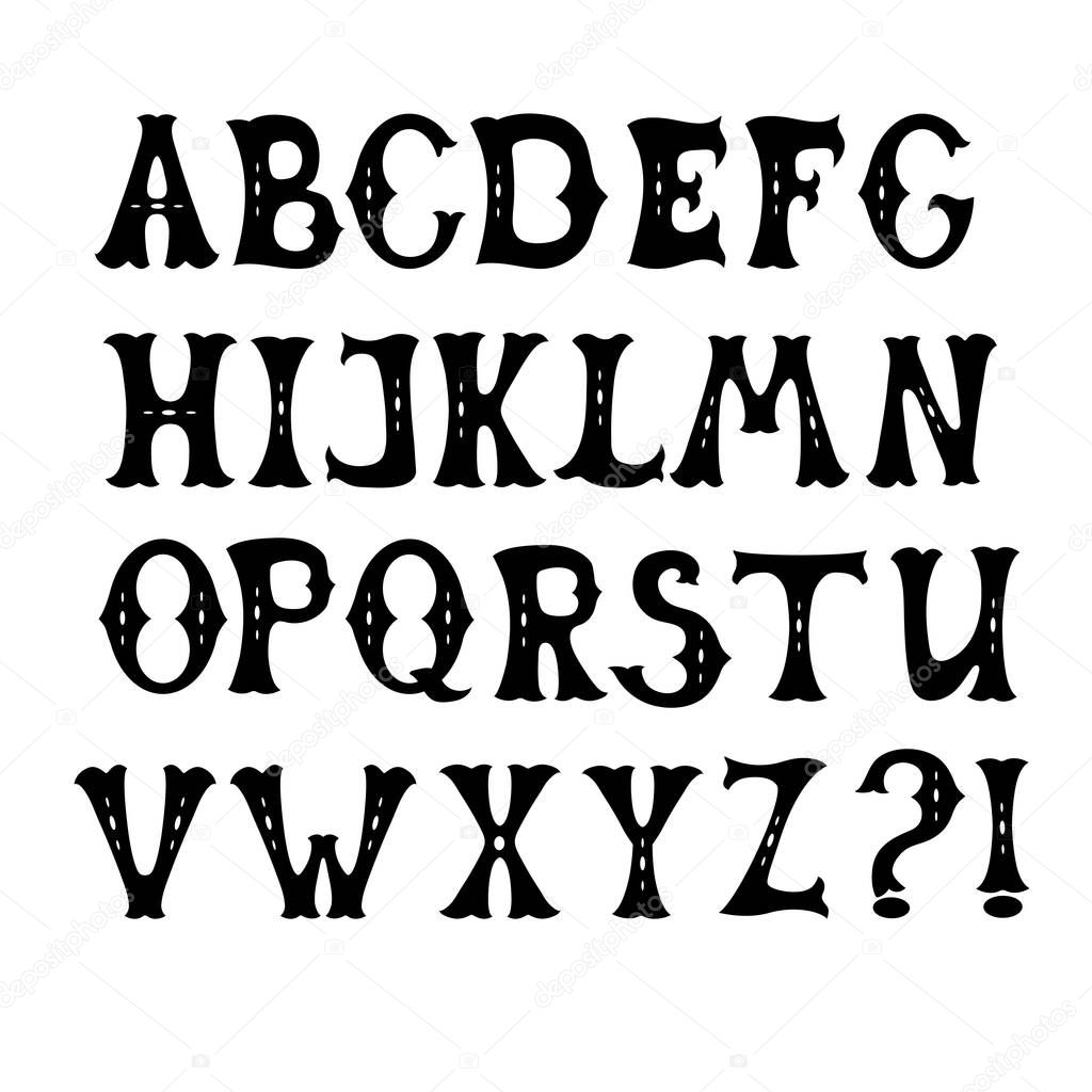 Alphabet mexican hand drawn lettering antique font black capital letters with question mark exclamation point