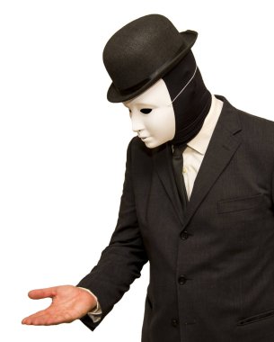 İşadamı beyaz bir maske ve bir şapka ve açık el ile 