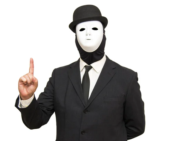 Geschäftsmann mit weißer Maske und Hut, der den Finger nach oben zeigt — Stockfoto