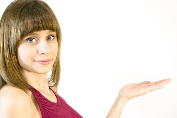 Portret van een mooie vrouw met haar open hand — Stockfoto