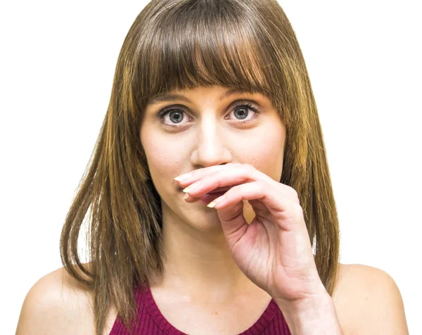 Portrait of a beautiful woman  touching her nose — Stock Photo, Image