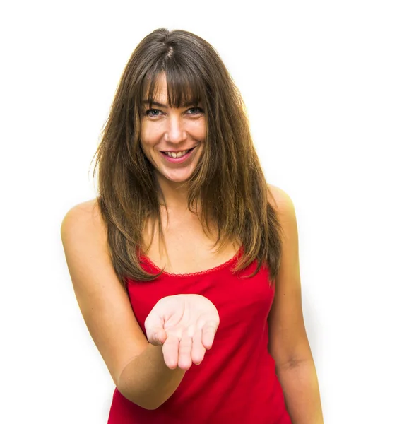 Retrato de una hermosa mujer con la mano abierta — Foto de Stock