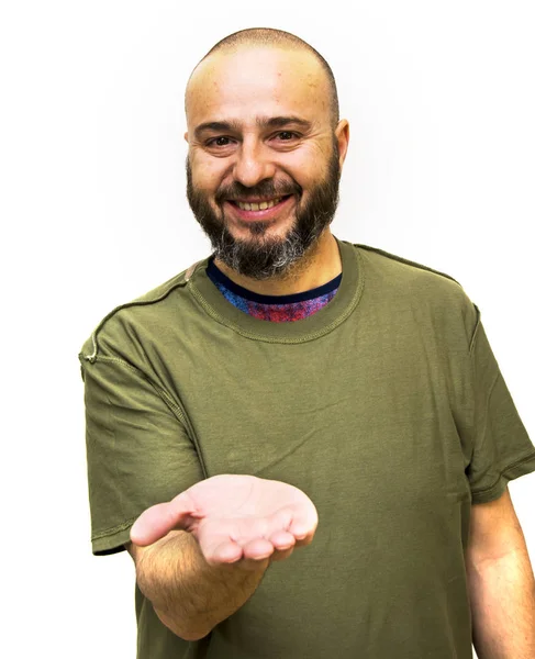 Handsome, bald man with beard with her open hand on white backgr — Stock Photo, Image