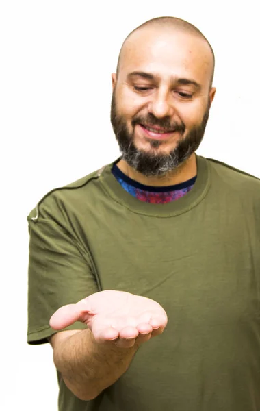 Bonito, homem careca com barba com a mão aberta no branco backgr — Fotografia de Stock