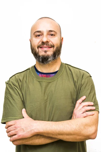 Handsome, bald man with beard on white background — Stock Photo, Image