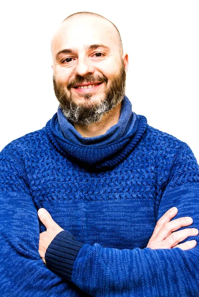 Handsome, bald man with beard on white background — Stock Photo, Image