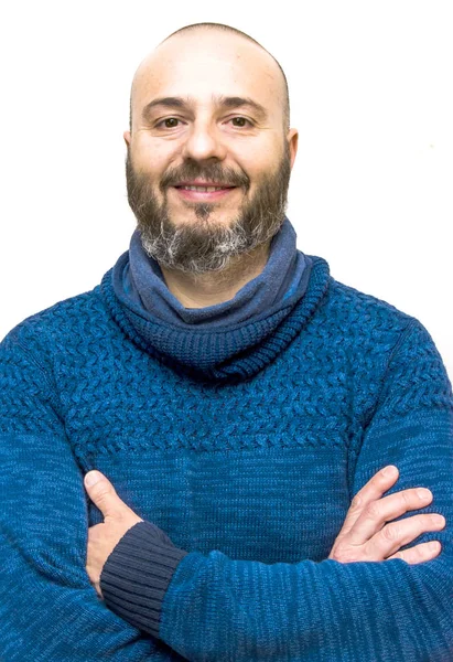 Hombre guapo y calvo con barba sobre fondo blanco —  Fotos de Stock