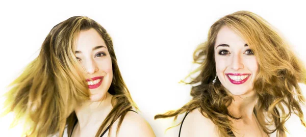 Två vackra kvinnor porträtt över vit bakgrund — Stockfoto