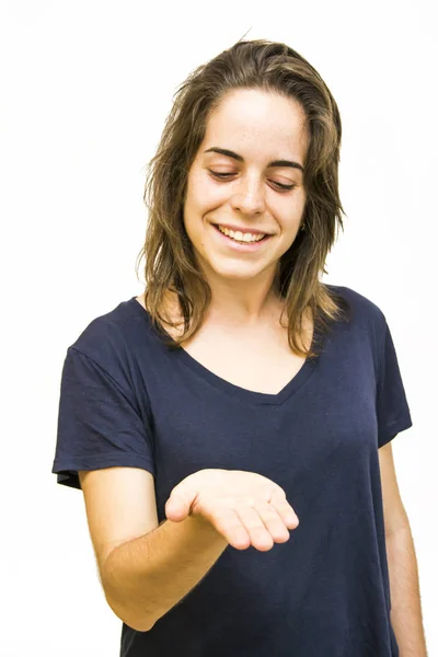 Retrato de uma mulher bonita com a mão aberta — Fotografia de Stock