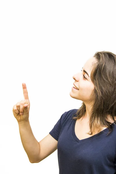 Ritratto di una bella donna che punta il dito verso l'alto — Foto Stock