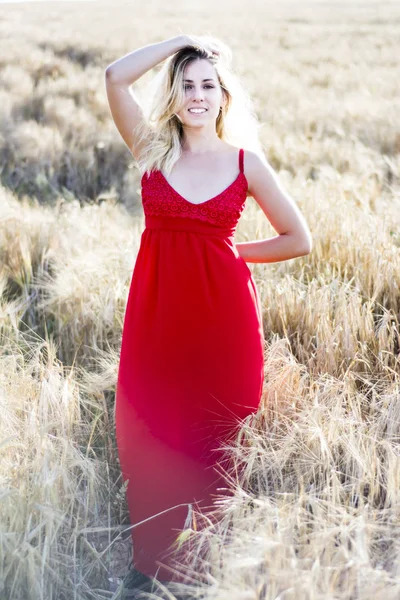 Mooie blonde vrouw in een rode jurk, op een tarweveld bij zonsondergang — Stockfoto