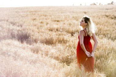 Kırmızı elbiseli, günbatımı buğday sahasının güzel sarışın kadın