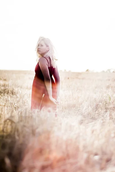 Vacker blond kvinna i en röd klänning, på ett vetefält i solnedgången — Stockfoto