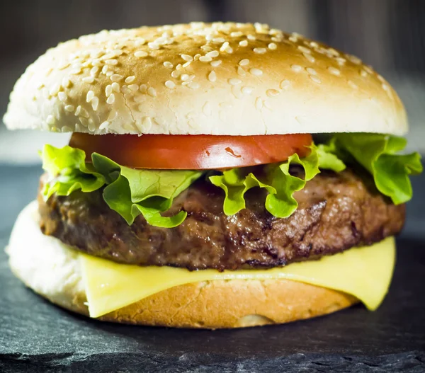 Delicious hamburger with cheese, lettuce and tomato on a stone — Stock Photo, Image