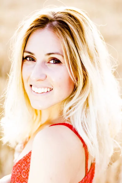 Mulher loira bonita em um vestido vermelho, em um campo de trigo ao pôr do sol — Fotografia de Stock