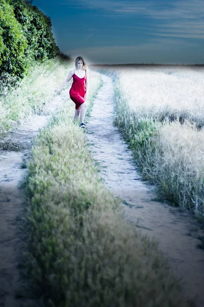 Beautiful blond woman in a red dress on a path in the wheat fiel — Stock Photo, Image