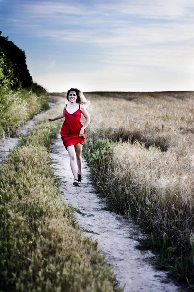 Hermosa mujer rubia en un vestido rojo en un camino en el trigo fiel — Foto de Stock